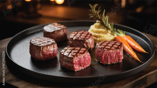 grilled steak fillets with mashed potatoes and carrots on plate