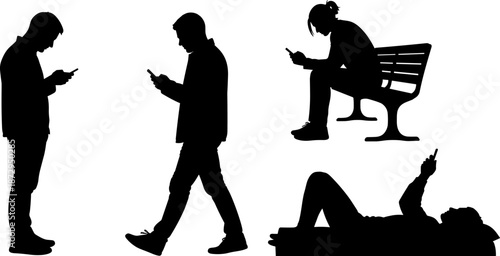 Smartphone usage silhouette, digital behavior, modern lifestyle, screen time posture, mobile addiction, black vector illustration, daily tech habits, stock art
