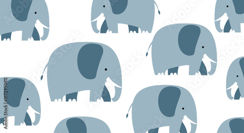 Cute seamless pattern of walking blue elephants in different shades and sizes on a white background for nursery or kids room decor.