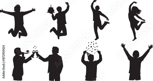 Silhouettes of people celebrating with joyful expressions and movements freely