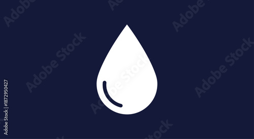 Minimalist white water or oil drop icon with a small highlight detail placed centrally on a dark blue solid background.