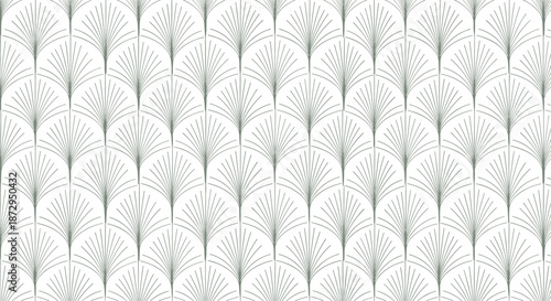 Delicate green line art pattern of fan shaped palm fronds or shells in a repeating art deco style on a clean white background.