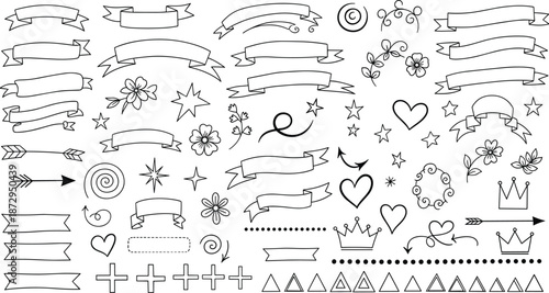 Hand drawn ribbon banner set with doodle floral elements hearts and stars cad drawing flat vector illustration for bullet journal