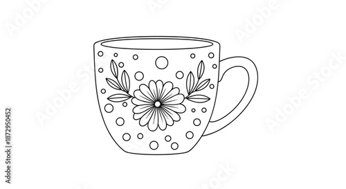 Simple line art drawing of a coffee mug or tea cup decorated with a central flower and leaf patterns and small dots.