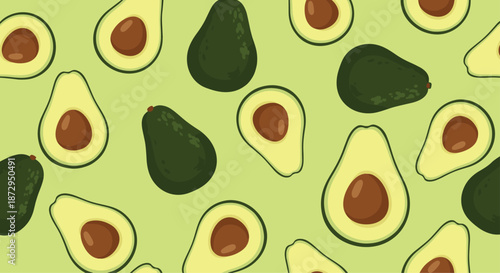 Healthy seamless pattern of whole and halved green avocados with brown pits on a vibrant lime green background for food themes.