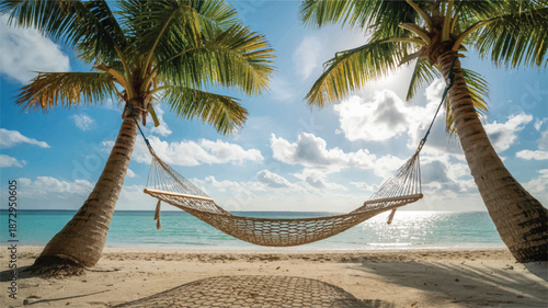Hammock between two palm trees on a sandy beach by the ocean