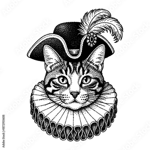 Foto cat wearing a ruffed collar and hat vintage halftone illustration
