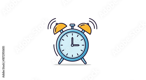 Vibrant flat line art icon of a blue ringing alarm clock with yellow bells and motion lines signifying wake up and urgency.