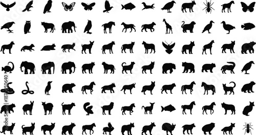 Animal silhouette mega set with birds elephant horse cat bear and butterfly icons cad drawing flat vector illustration for nature design