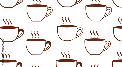 Cozy seamless pattern of brown outline coffee cups with steam swirls on a white background for cafe and breakfast themes.