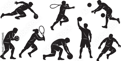 Silhouettes of athletes playing various sports in dynamic poses