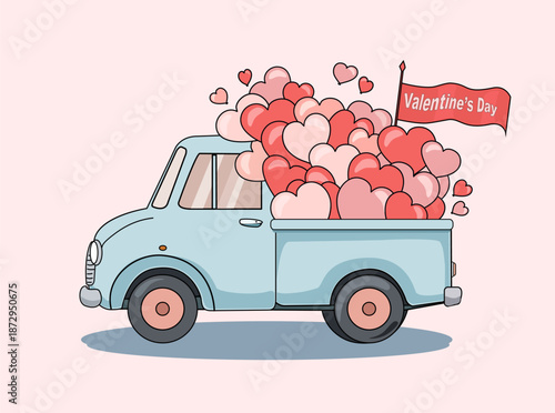 Vector festive design element for Valentine’s Day featuring a blue retro car filled to the top with red and pink hearts of different sizes.