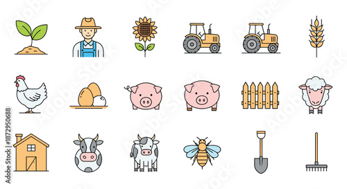 Diverse set of colorful flat line art icons related to farming and agriculture including animals, tools, buildings, and plants.