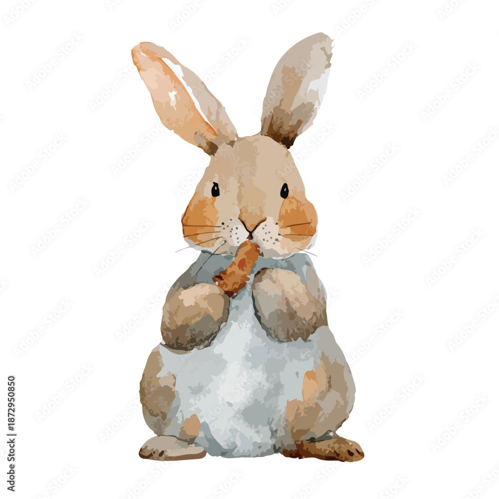 Fototapeta premium Cute Watercolor Bunny Eating Carrot Illustration for Spring.