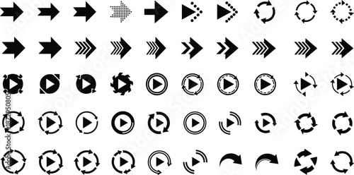 Black arrow icon set for navigation interface design next play and refresh symbol cad drawing flat vector illustration for apps