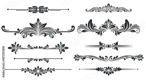 Set of eight classic black and white decorative divider lines and ornaments featuring floral and filigree flourishes for elegant layouts.
