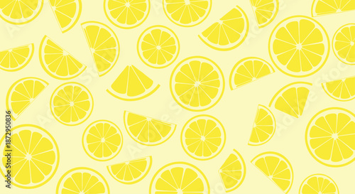 Refreshing seamless pattern of bright yellow lemon slices and wedges on a pale yellow background for summer and citrus themes.