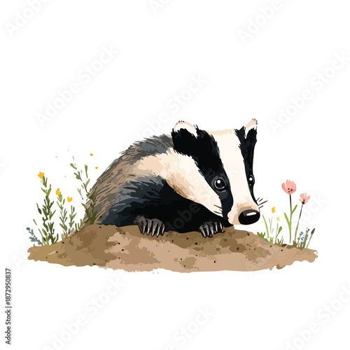 Cute Watercolor Badger Illustration Wild Animal Emerging from Earth.