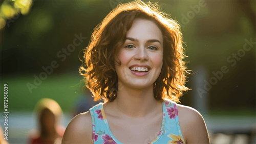happy young woman with brown hair smiling outdoors on a sunny day