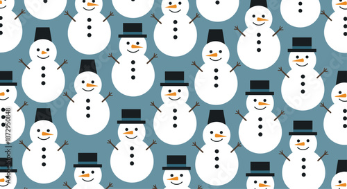 Winter season pattern featuring cute white snowmen with black hats and orange carrot noses on a serene blue background backdrop.