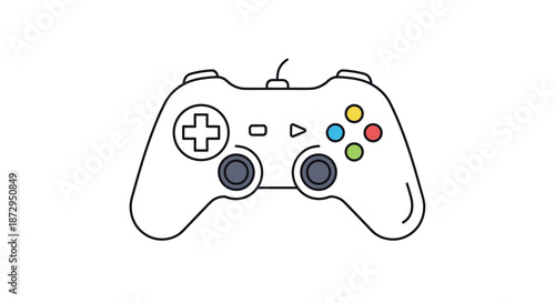 Modern white game controller with colorful buttons and joystick isolated on a clean white background for gaming concept design.