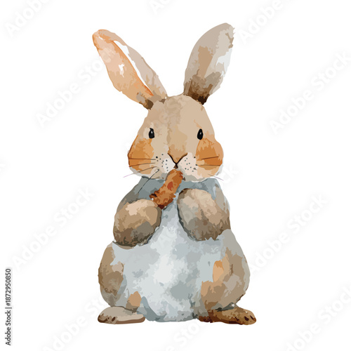 Cute Watercolor Bunny Eating Carrot Illustration for Spring.