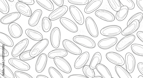 Sketch of various grains and seeds scattered across a plain white background to create an organic texture for natural designs.