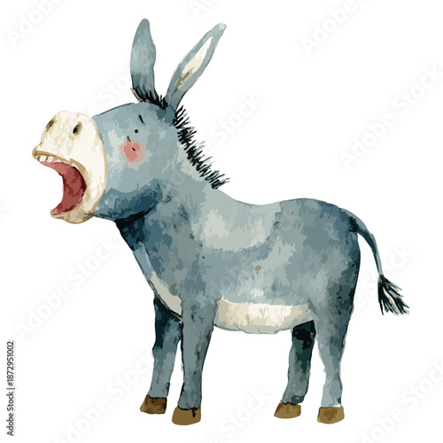 Cute Watercolor Donkey Braying Illustration.
