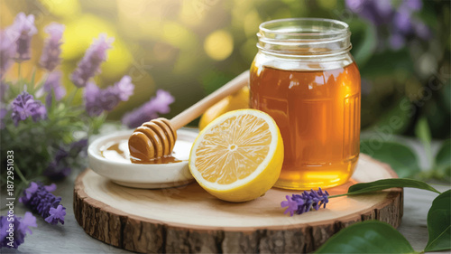 honey jar with lemon and dipper on wooden plate outdoors