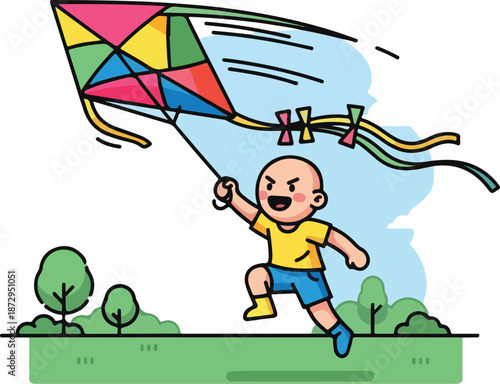 A joyful boy gleefully runs across a green field while flying a colorful kite on a breezy day, embodying childhood fun and outdoor adventure