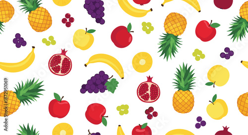 Cheerful pattern of various tropical and orchard fruits like pineapple, apple, banana, and grapes on a white background space.