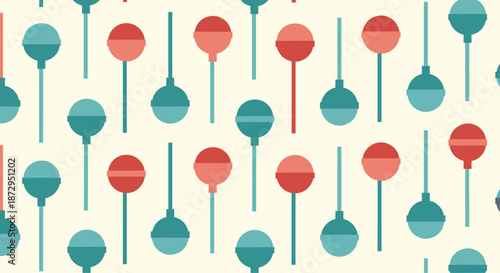 Whimsical pattern of round lollipops on sticks in shades of red and teal on a soft neutral background for sweet candy lovers.