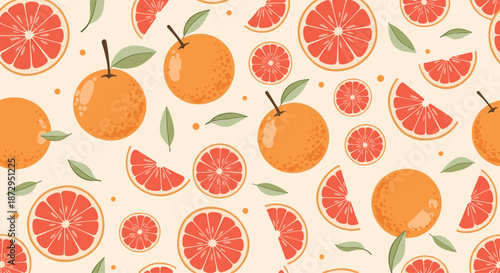 Fresh citrus pattern of oranges and grapefruits with green leaves on a warm cream background for a healthy lifestyle theme.