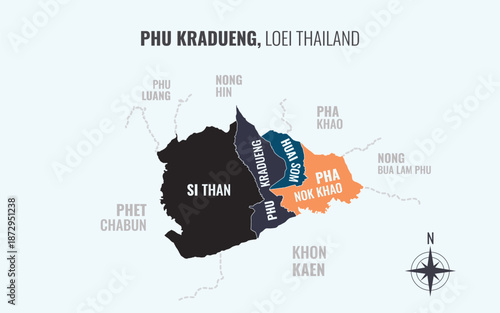 Map showing Phu Kradueng District Loei Thailand divided into sub districts with minimalist colorful patterns