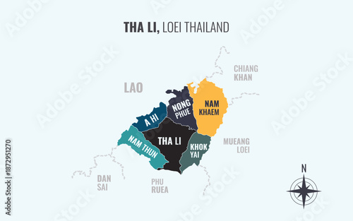Map showing Tha Li District Loei Thailand divided into sub districts with minimalist colorful patterns