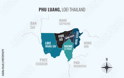 Map showing Phu Luang District Loei Thailand divided into sub districts with minimalist colorful patterns
