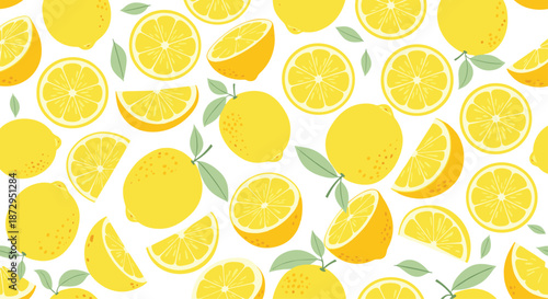 Bright seamless pattern of whole and sliced yellow lemons with green leaves on a white background for kitchen decor themes.