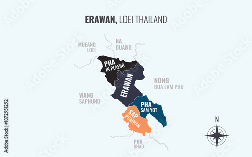 Map showing Erawan District Loei Thailand divided into sub districts with minimalist colorful patterns