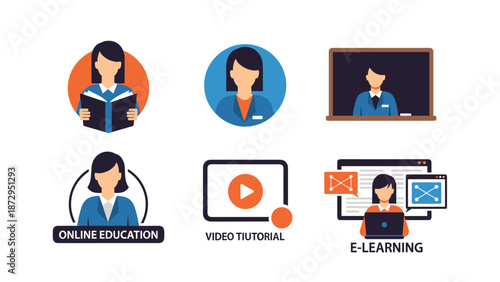 Person reading book & online education icon flat design vector illustration