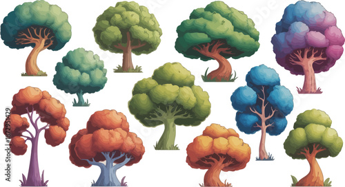 A vibrant collection of cartoon trees in various colors and shapes on a beige background.