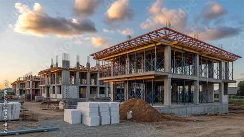 houses under construction on a sunny day with cloudy skies