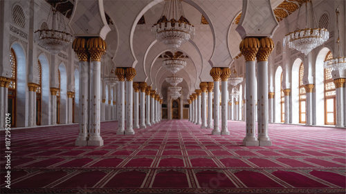 Interior of a large mosque with white arches and red carpet
