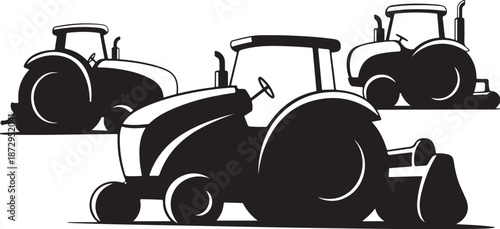 Black Silhouette of Tractors in a Row on White Background