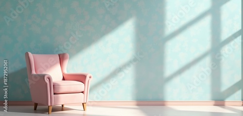 Wallpaper Mural Pastel pink armchair stands in calm empty room interior. Light blue patterned wall bright sunlight, strong window shadows. Minimalist design creates serene, relaxing atmosphere. Cozy furniture piece. Torontodigital.ca