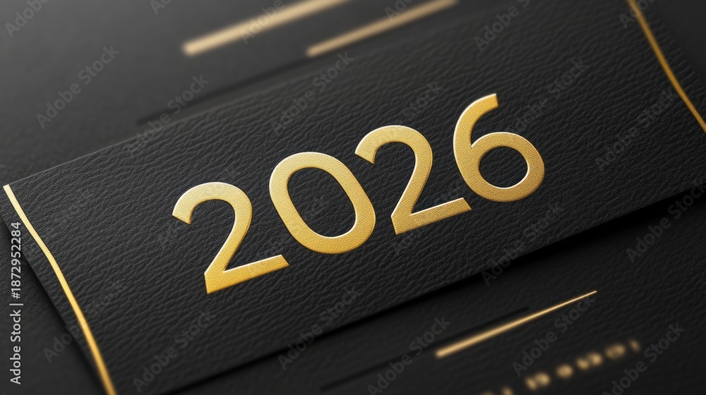 Fototapeta premium Elegant black background with embossed gold numbers representing the year 2026, ideal for celebrations