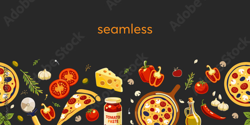 Seamless pizza pattern with slices, whole pizza and Italian ingredients on dark background. Hand drawn flat vector illustration for food packaging, kitchen textiles, wallpapers and menu design.