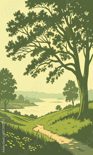 Serene Landscape with Tree and River Path.