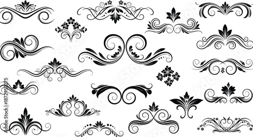Vintage floral ornament set black divider filigree collection for wedding invitation cad drawing flat vector illustration decorative swirl border design