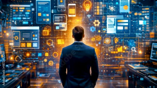 Business analyst reviewing immersive digital dashboards and data streams inside advanced analytics control room supporting strategic decision processes