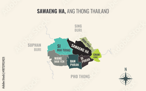 Map showing Sawaeng Ha District Ang Thong Thailand divided into sub districts with minimalist colorful patterns